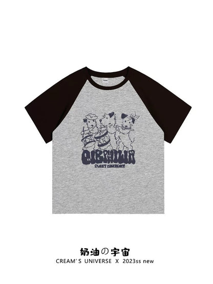 Cream Universe Cartoon band puppy raglan short-sleeved T-shirt for women Hong Kong chic slim half-sleeved summer new style