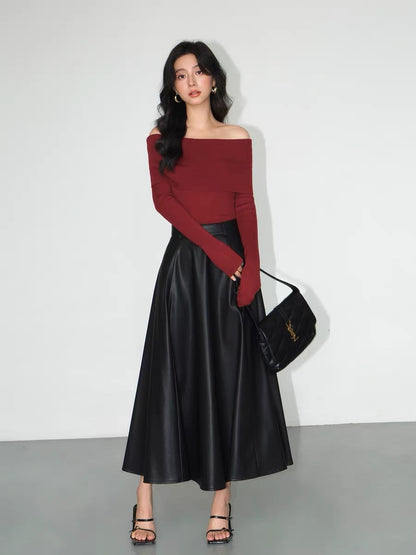 NEVA HU black PU leather skirt for women 2024 new high-waisted slim a-line umbrella skirt mid-length skirt