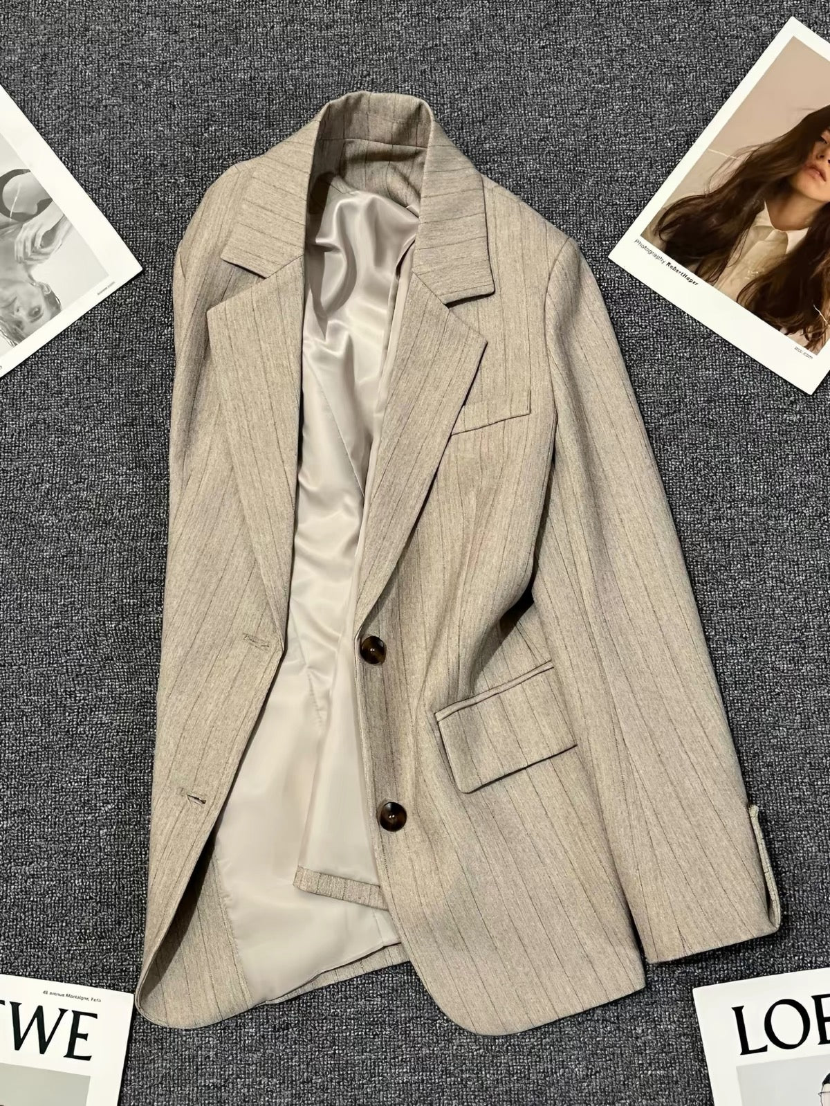 Women's Light Khaki Striped Blazer (Spring/Autumn 2026 New Arrival) – Sophisticated Korean-Style Casual & Versatile Trendy Suit Jacket