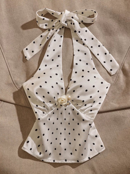 2025 Hot Girl Summer Polka Dot Camisole Vest with Neckline Exposed Design, New Style, Sexy and Chic Short Top for Women