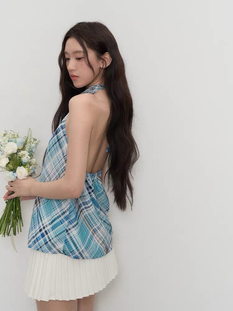 OIOI ESSE/"Your Shallow Sea Summer" Sea Salt Mint Plaid Halter Neck Vest for Women, Summer Design Top