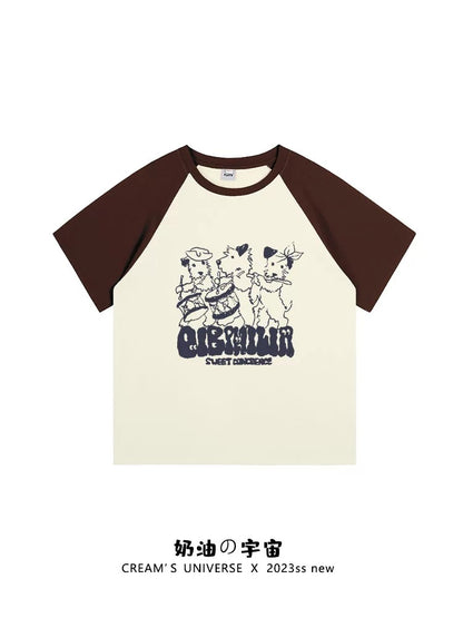 Cream Universe Cartoon band puppy raglan short-sleeved T-shirt for women Hong Kong chic slim half-sleeved summer new style