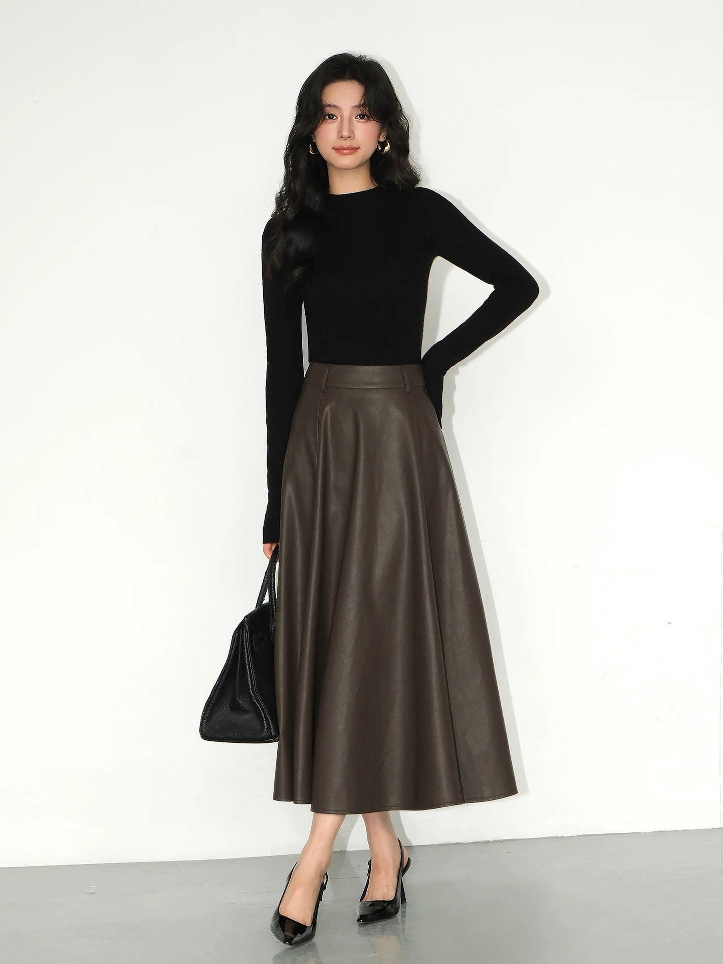 NEVA HU black PU leather skirt for women 2024 new high-waisted slim a-line umbrella skirt mid-length skirt