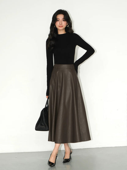 NEVA HU black PU leather skirt for women 2024 new high-waisted slim a-line umbrella skirt mid-length skirt