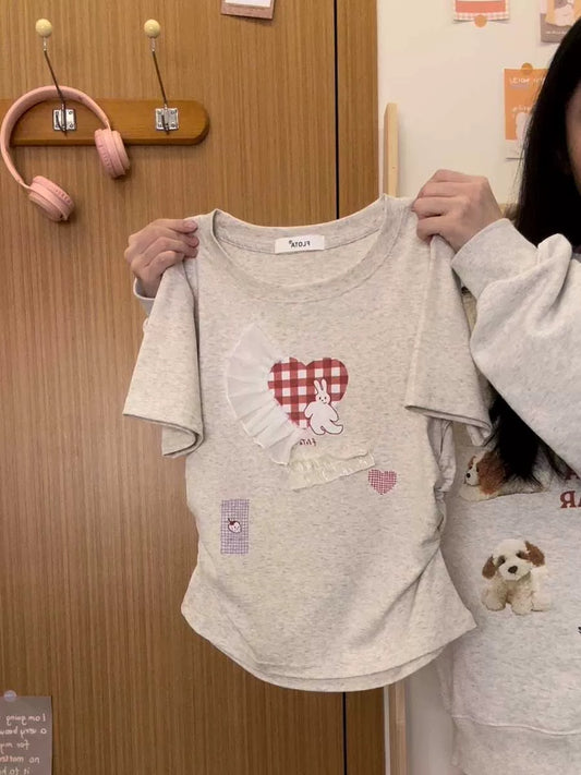 Cream Universe Lace Plaid Rabbit Right Shoulder Short Sleeve T-shirt Female Sweet Girl Slim Fit No Waist Short Top New Style