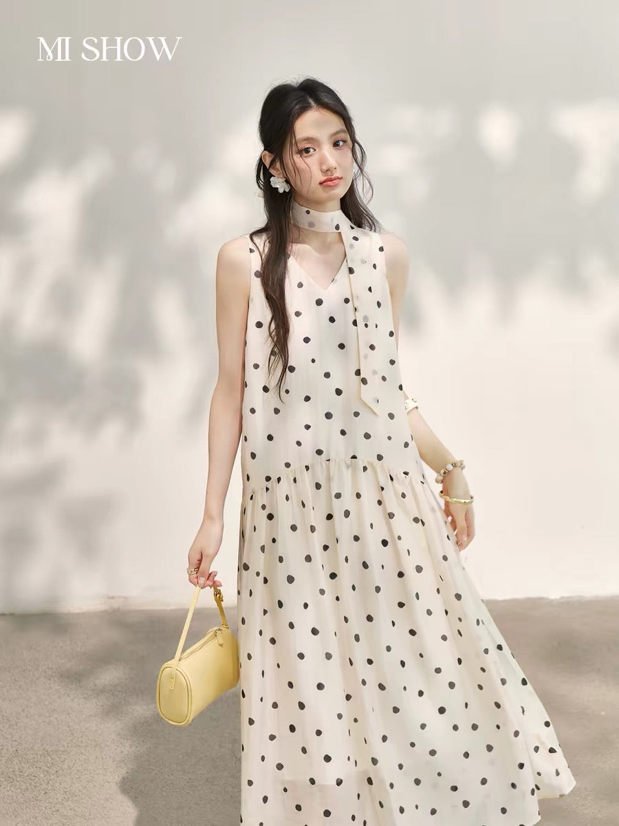 Mixiu Polka Dot Tencel Dress for Women, 2026 Summer New Style, French Style, Slimming, Petite, Waist-cinching V-neck Long Dress