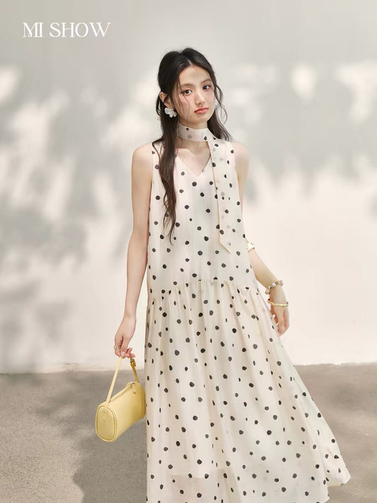 Mixiu Polka Dot Tencel Dress for Women, 2026 Summer New Style, French Style, Slimming, Petite, Waist-cinching V-neck Long Dress