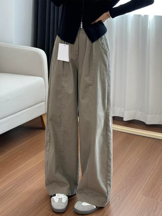 Women's American-style khaki utility trousers (new for autumn)—high-waisted, hip-concealing, and slimming curved-leg wide-cut casual pants, available in plus sizes.
