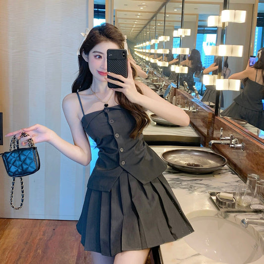 High-end suit, tube top suit, skirt, summer outerwear for women, hot girl suspender wrap top, high waist skirt, two-piece set