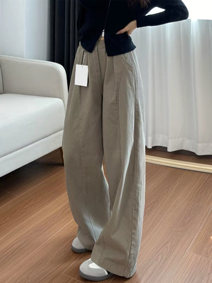 Women's American-style khaki utility trousers (new for autumn)—high-waisted, hip-concealing, and slimming curved-leg wide-cut casual pants, available in plus sizes.