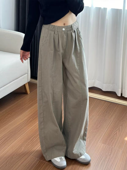 Women's American-style khaki utility trousers (new for autumn)—high-waisted, hip-concealing, and slimming curved-leg wide-cut casual pants, available in plus sizes.