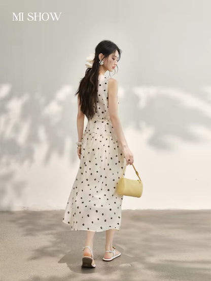 Mixiu Polka Dot Tencel Dress for Women, 2026 Summer New Style, French Style, Slimming, Petite, Waist-cinching V-neck Long Dress