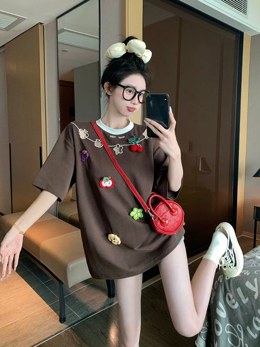 Three-dimensional crochet short-sleeved T-shirt for women, new summer Korean design, hollowed-out, loose and slim, casual and versatile tops