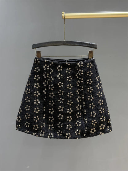 Sequin embroidered tweed skirt for women winter new style flowing gold small fragrance style high waist slimming A-line hip skirt
