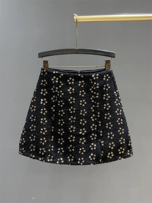 Sequin embroidered tweed skirt for women winter new style flowing gold small fragrance style high waist slimming A-line hip skirt