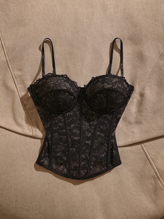 French-style lace waist-cinching vest for women, black, elegant, sexy, versatile, pure and alluring, beautiful backless camisole, inner layer.