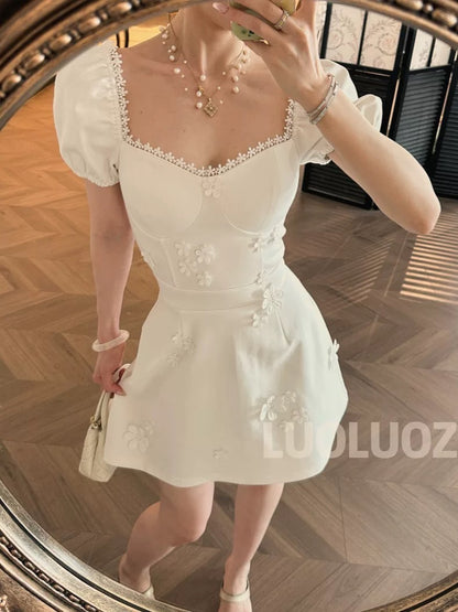 LUOLUOZ【Floating Forest】Exquisitely Elegant Puff Sleeve 3D Floral Waist-Defining Short Dress JF769
