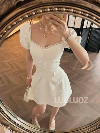 LUOLUOZ【Floating Forest】Exquisitely Elegant Puff Sleeve 3D Floral Waist-Defining Short Dress JF769