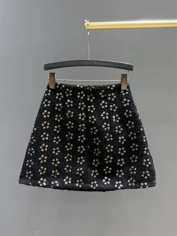 Sequin embroidered tweed skirt for women winter new style flowing gold small fragrance style high waist slimming A-line hip skirt