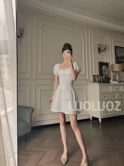 LUOLUOZ【Floating Forest】Exquisitely Elegant Puff Sleeve 3D Floral Waist-Defining Short Dress JF769