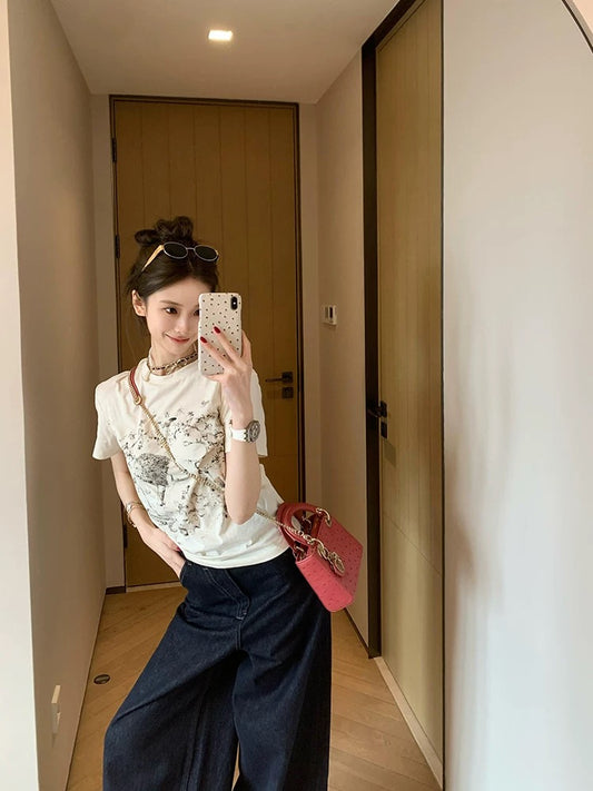 SUMENGQING Design-style temperament printed straight shoulder short-sleeved T-shirt women's new slim fit versatile top trend