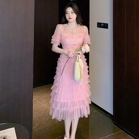 Celebrity style design lace splicing long dress women's summer gentle style waist slimming mesh cake skirt