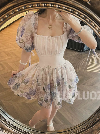 LUOLUOZ 【Moonlight and Flowery Beauty】Sophisticated and Exquisite Color Slimming Puff Sleeve Short Dress JF820