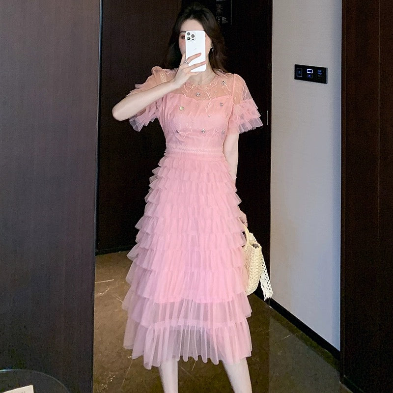 Celebrity style design lace splicing long dress women's summer gentle style waist slimming mesh cake skirt