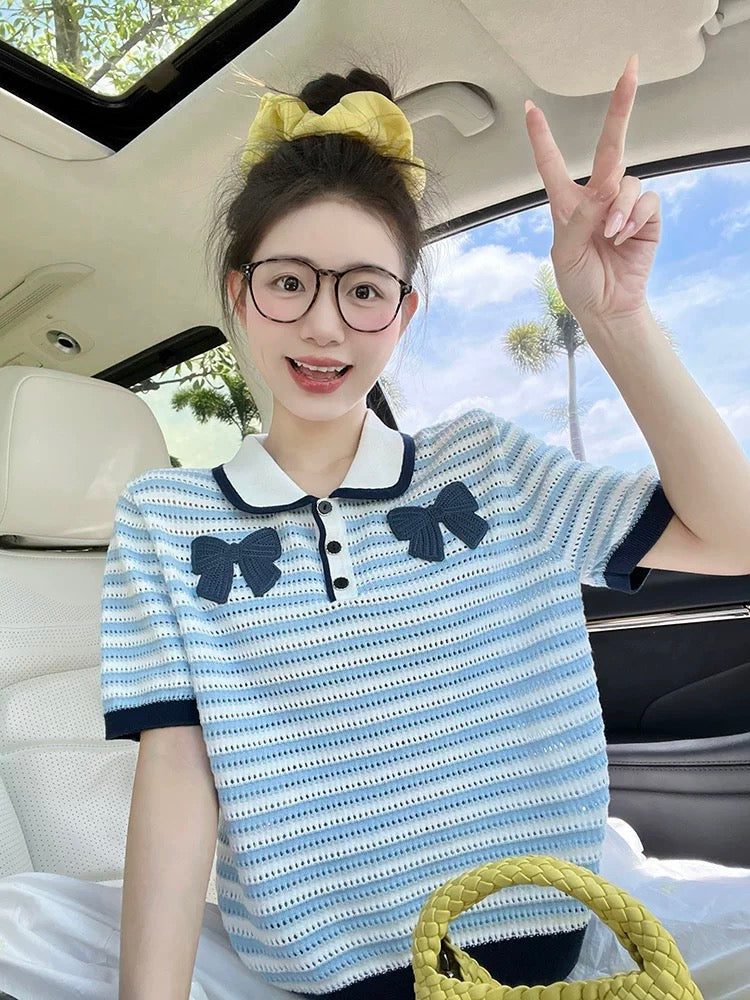 Striped Polo collar short-sleeved T-shirt women's summer new design sense college style bow hollow knitted top trend