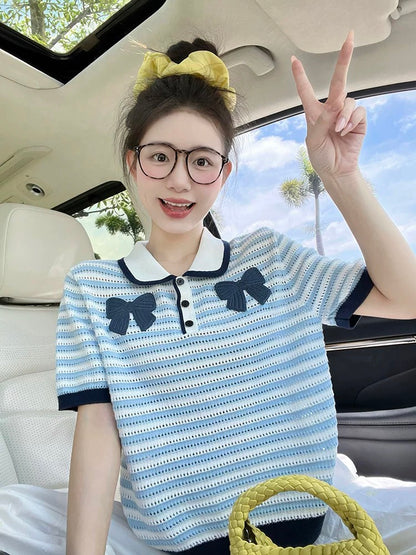 Striped Polo collar short-sleeved T-shirt women's summer new design sense college style bow hollow knitted top trend