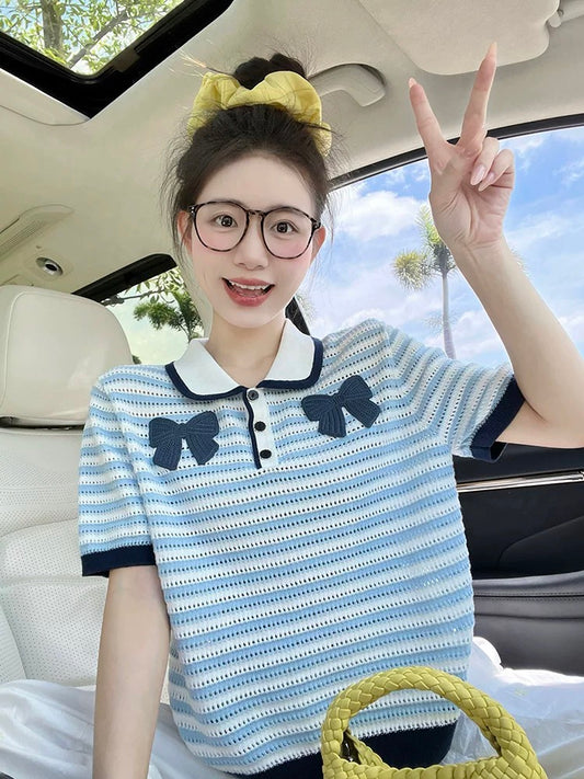 Striped Polo collar short-sleeved T-shirt women's summer new design sense college style bow hollow knitted top trend