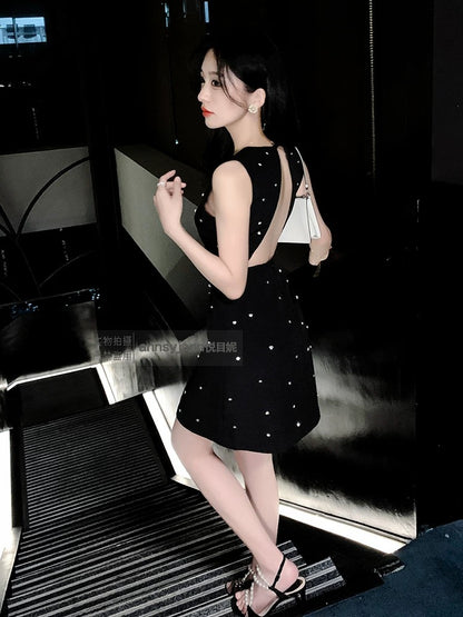 Dress high-end light luxury niche high-end birthday party evening dress female French nail diamond black temperament dress
