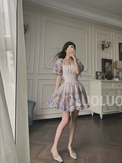 LUOLUOZ 【Moonlight and Flowery Beauty】Sophisticated and Exquisite Color Slimming Puff Sleeve Short Dress JF820