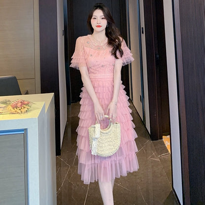 Celebrity style design lace splicing long dress women's summer gentle style waist slimming mesh cake skirt