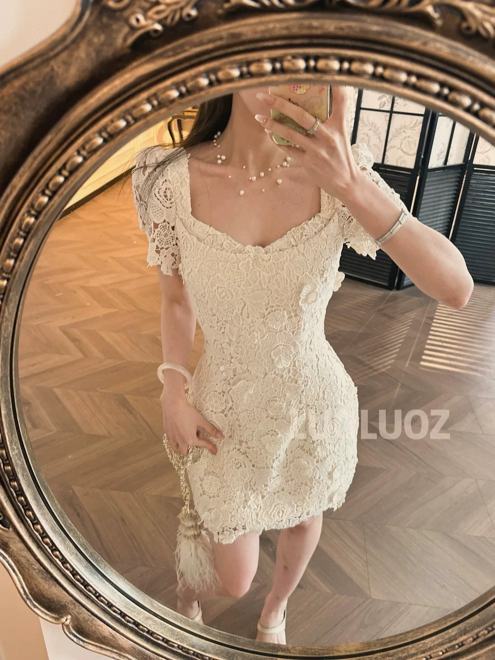 LUOLUOZ 【Floating Clouds Under the Moon】Elegant Patchwork Floral Fashion Lace Design Short Dress JF795