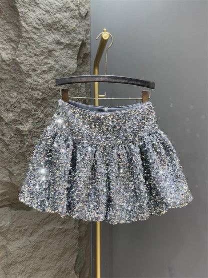 Silver sequined skirt for women 2024 autumn and winter new style high-waisted slim pleated bud skirt A-line tutu skirt short skirt