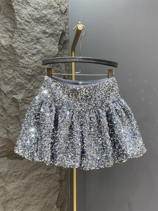 Silver sequined skirt for women 2024 autumn and winter new style high-waisted slim pleated bud skirt A-line tutu skirt short skirt