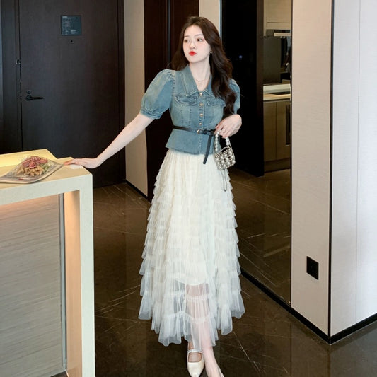 Retro denim suit for women summer puff sleeve denim top cake gauze skirt two-piece set high waist mesh skirt