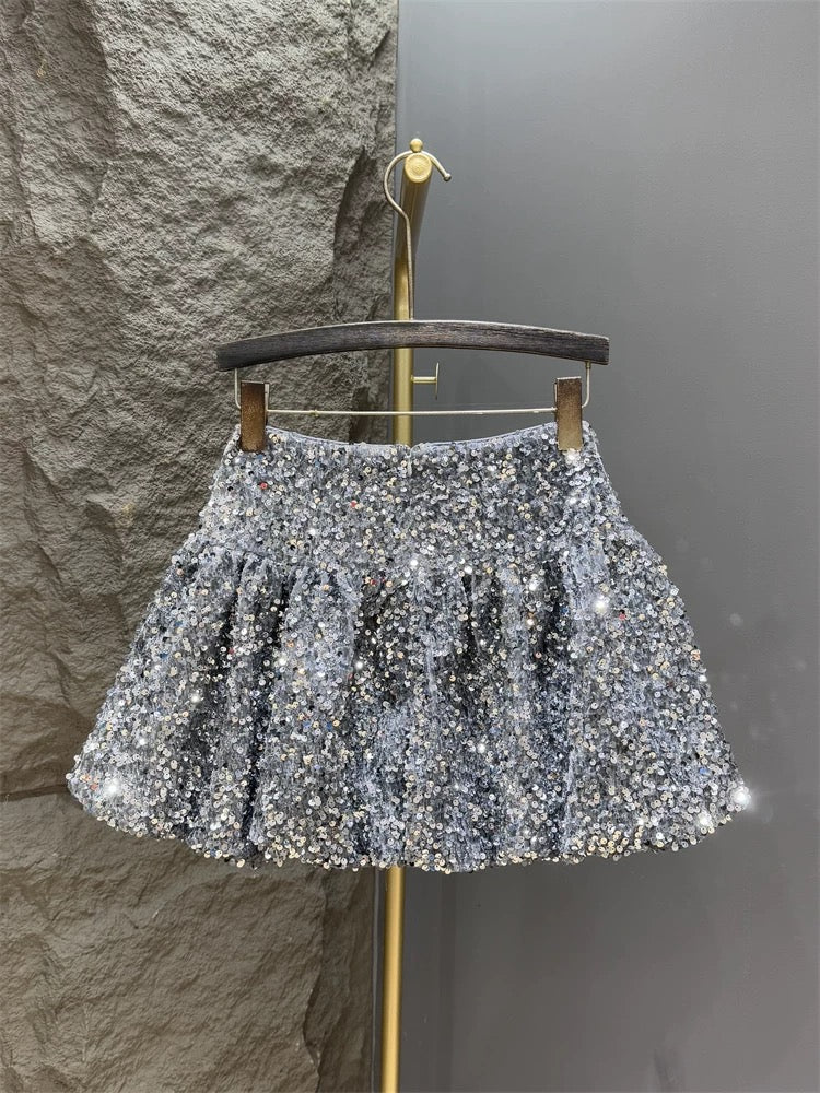 Silver sequined skirt for women 2024 autumn and winter new style high-waisted slim pleated bud skirt A-line tutu skirt short skirt