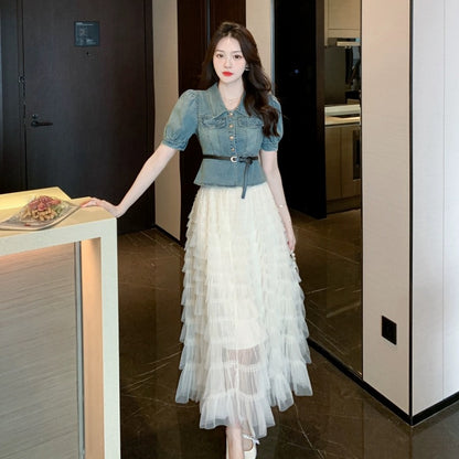 Retro denim suit for women summer puff sleeve denim top cake gauze skirt two-piece set high waist mesh skirt