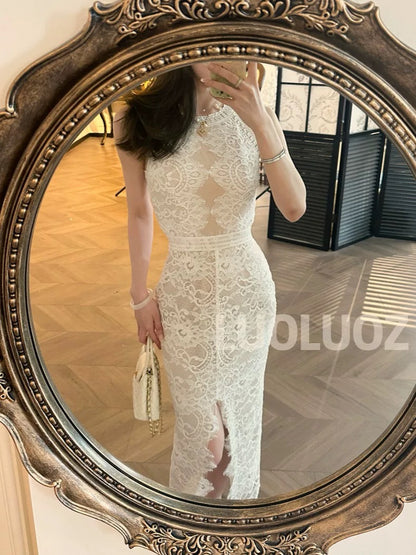 LUOLUOZ【Feast of Delusion】Exquisite and Elegant Goddess-Style Light Luxury Lace Irregular Long Dress JF804