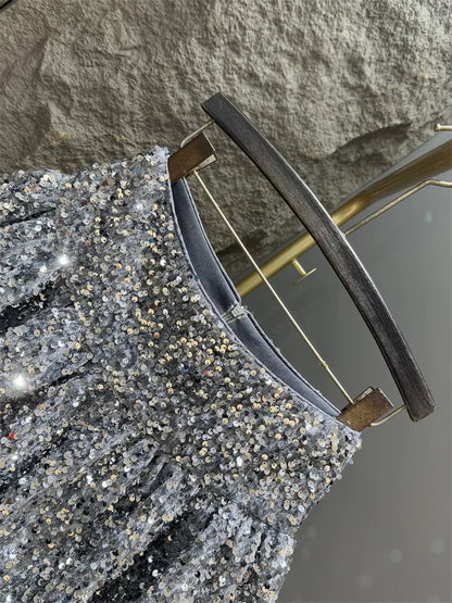 Silver sequined skirt for women 2024 autumn and winter new style high-waisted slim pleated bud skirt A-line tutu skirt short skirt