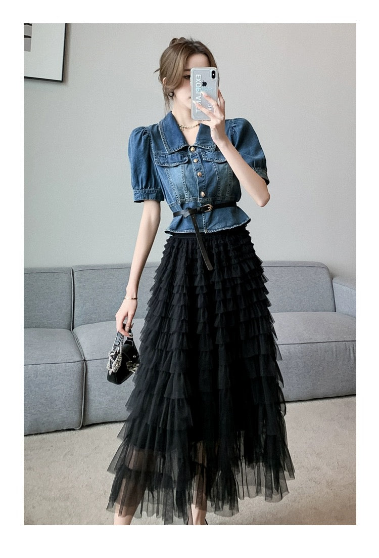 Retro denim suit for women summer puff sleeve denim top cake gauze skirt two-piece set high waist mesh skirt