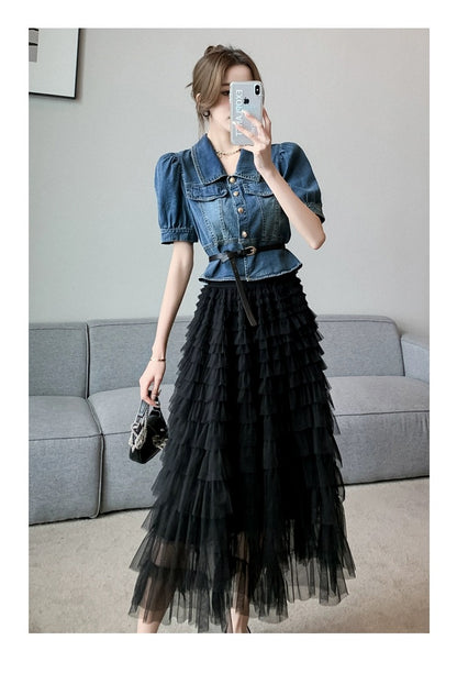 Retro denim suit for women summer puff sleeve denim top cake gauze skirt two-piece set high waist mesh skirt