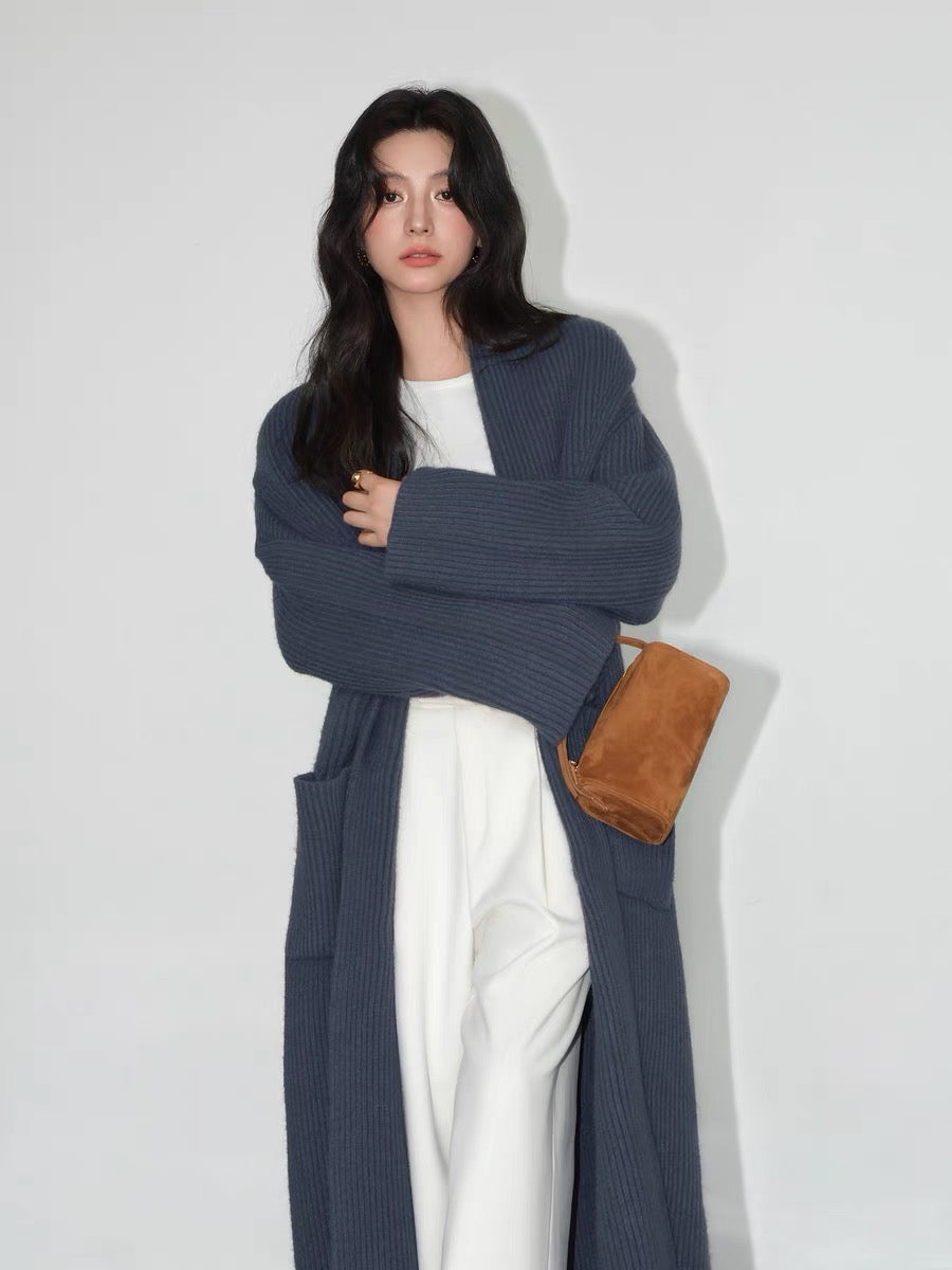 NEVA HU gray long sweater jacket women's sweater cardigan 2024 autumn and winter new Korean style loose top