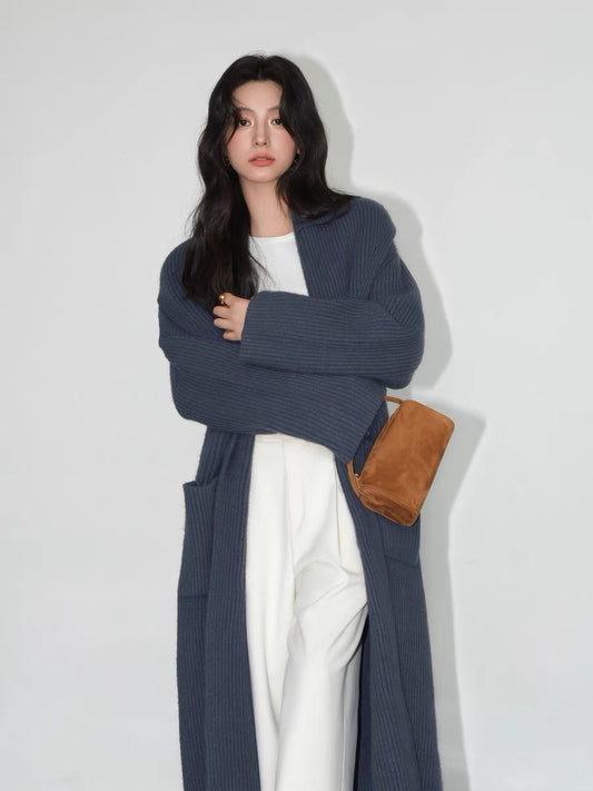 NEVA HU gray long sweater jacket women's sweater cardigan 2024 autumn and winter new Korean style loose top