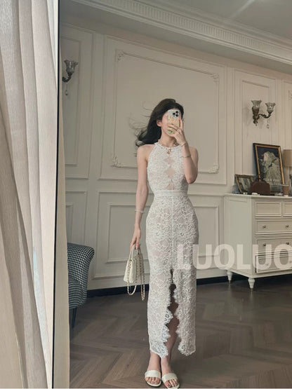 LUOLUOZ【Feast of Delusion】Exquisite and Elegant Goddess-Style Light Luxury Lace Irregular Long Dress JF804