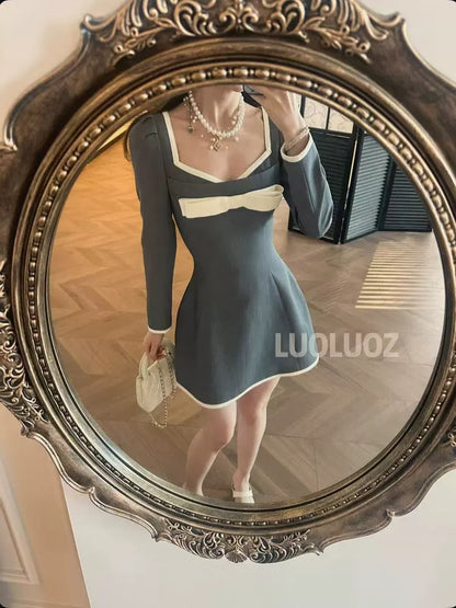 LUOLUOZ [Rosemary Autumn] French-style High-end Elegant Long-sleeved Waist-cinching Bow Short Dress