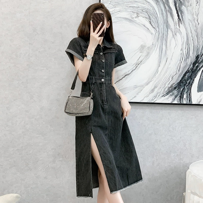 Chic and stunning waist-cinching temperament slit denim dress women's summer casual niche design polo collar mid-length skirt