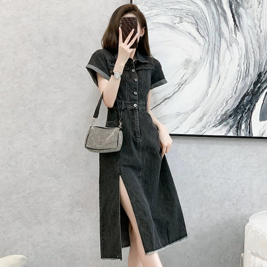 Chic and stunning waist-cinching temperament slit denim dress women's summer casual niche design polo collar mid-length skirt